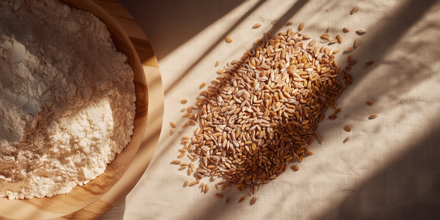Stone-ground flour in a wooden bowl beside a pile of whole wheat berries on sunlit linen